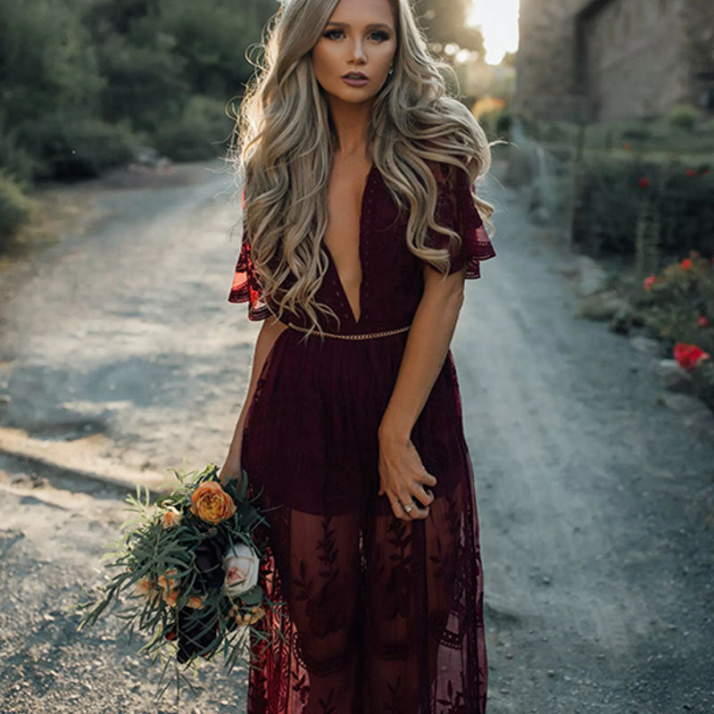 Deep V-neck Short Sleeve Lace Perspective Tight-Sleeve Dress Maxi Dress