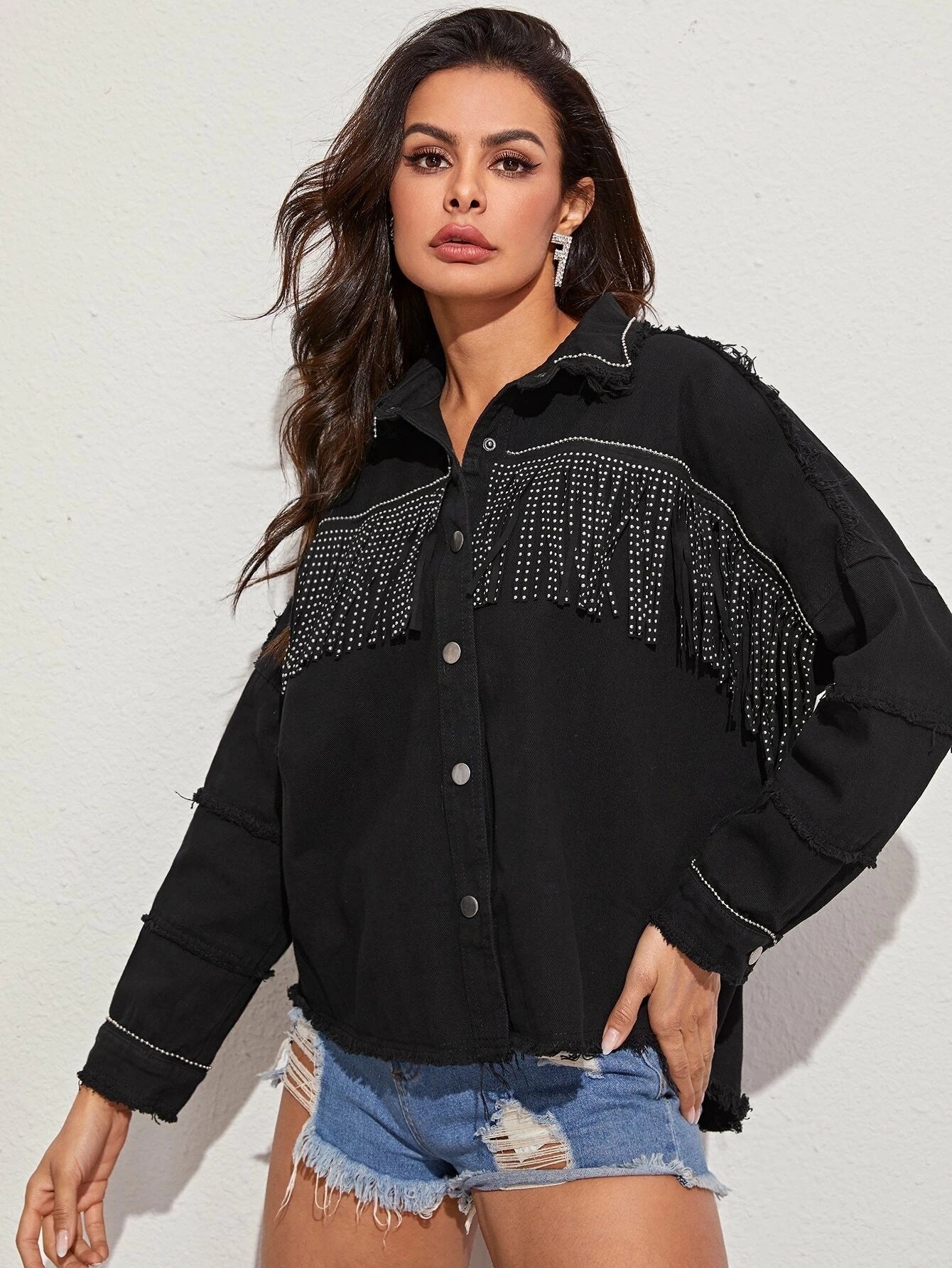 Beaded Loose Jacket Denim With Fringed Fringe