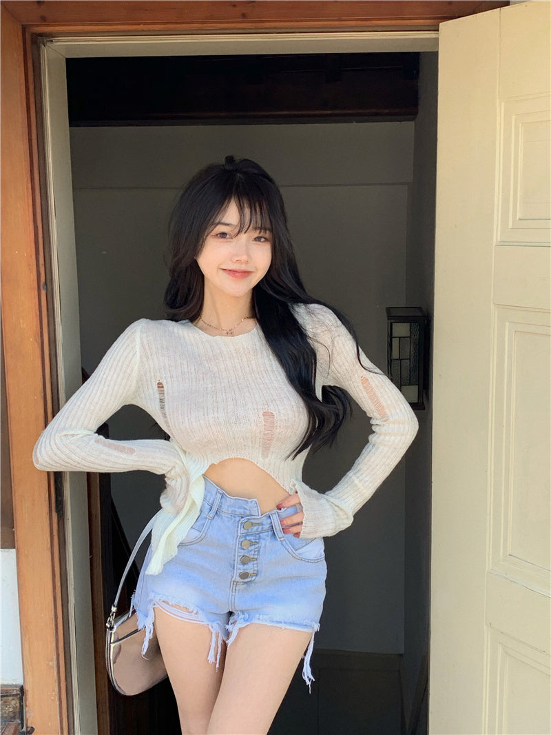 Summer Ladies Irregular Ripped Raw Edge Jeans