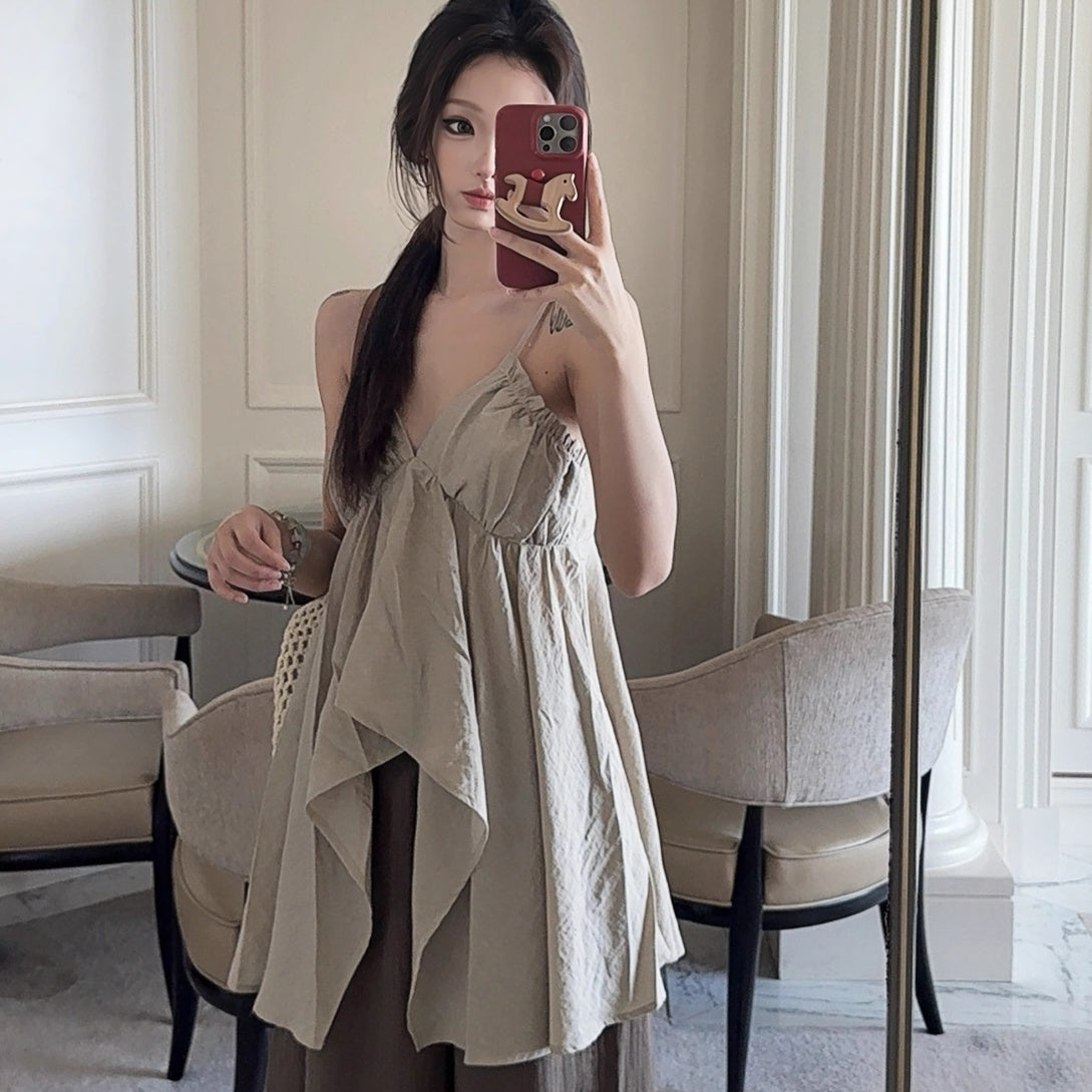 Linen Blended Irregular Vacation Spaghetti Straps Vest