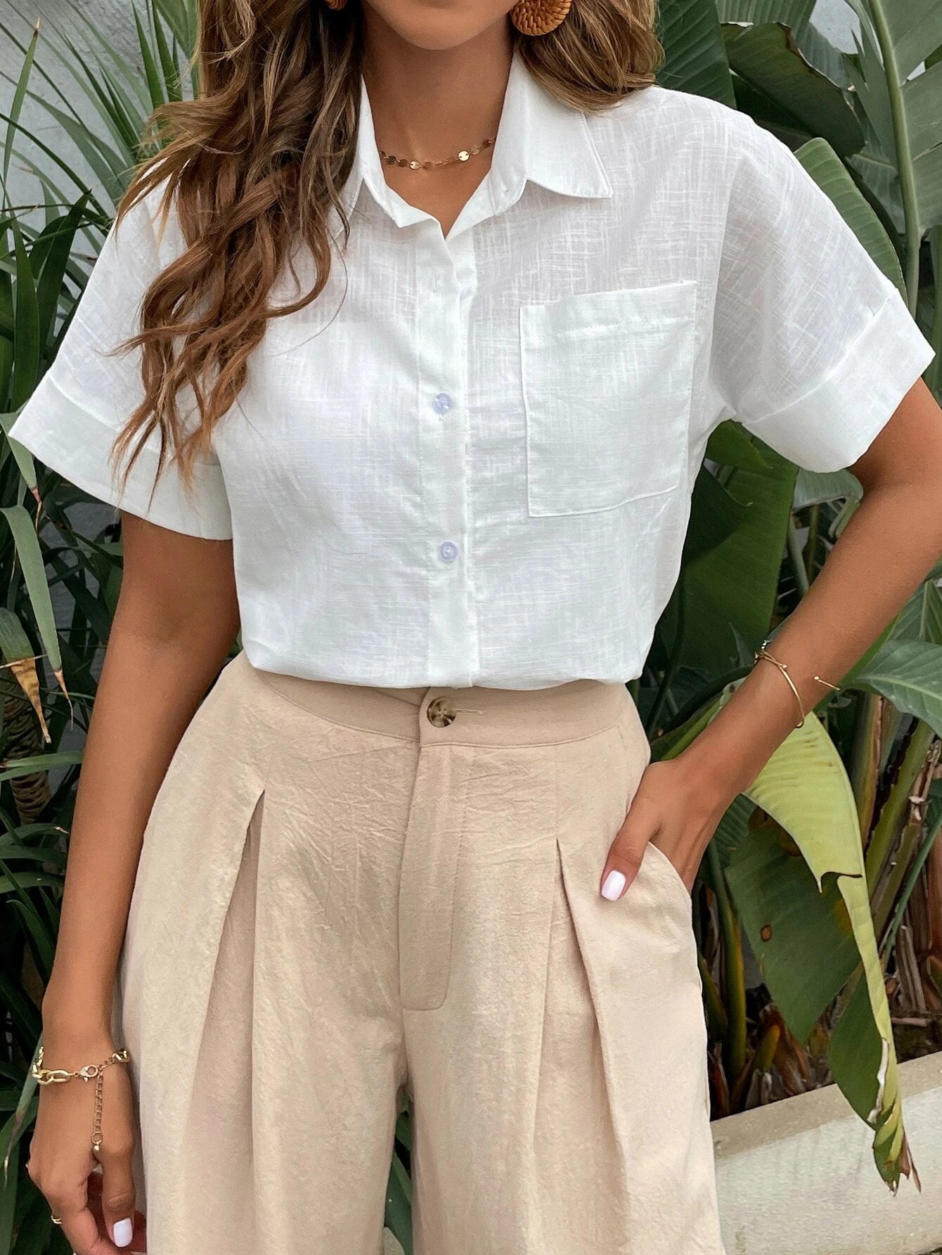 Polo Collar Casual White Women's Cardigan Button Shirt