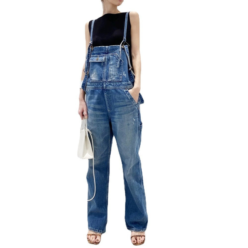 Fashion Casual Washed Classic Blue Suspender Loose Cargo Pants Denim Jumpsuit