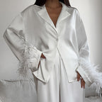 Stitching Design Feather Long Sleeve Lapel Top Casual Trousers Two-piece Set