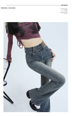 High Waist Slimming Hot Girl Double Buckle Slightly Flared Jeans Women