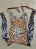 Gray Velvet Rhinestone Stretch One-piece Stage Performance Clothing Woman