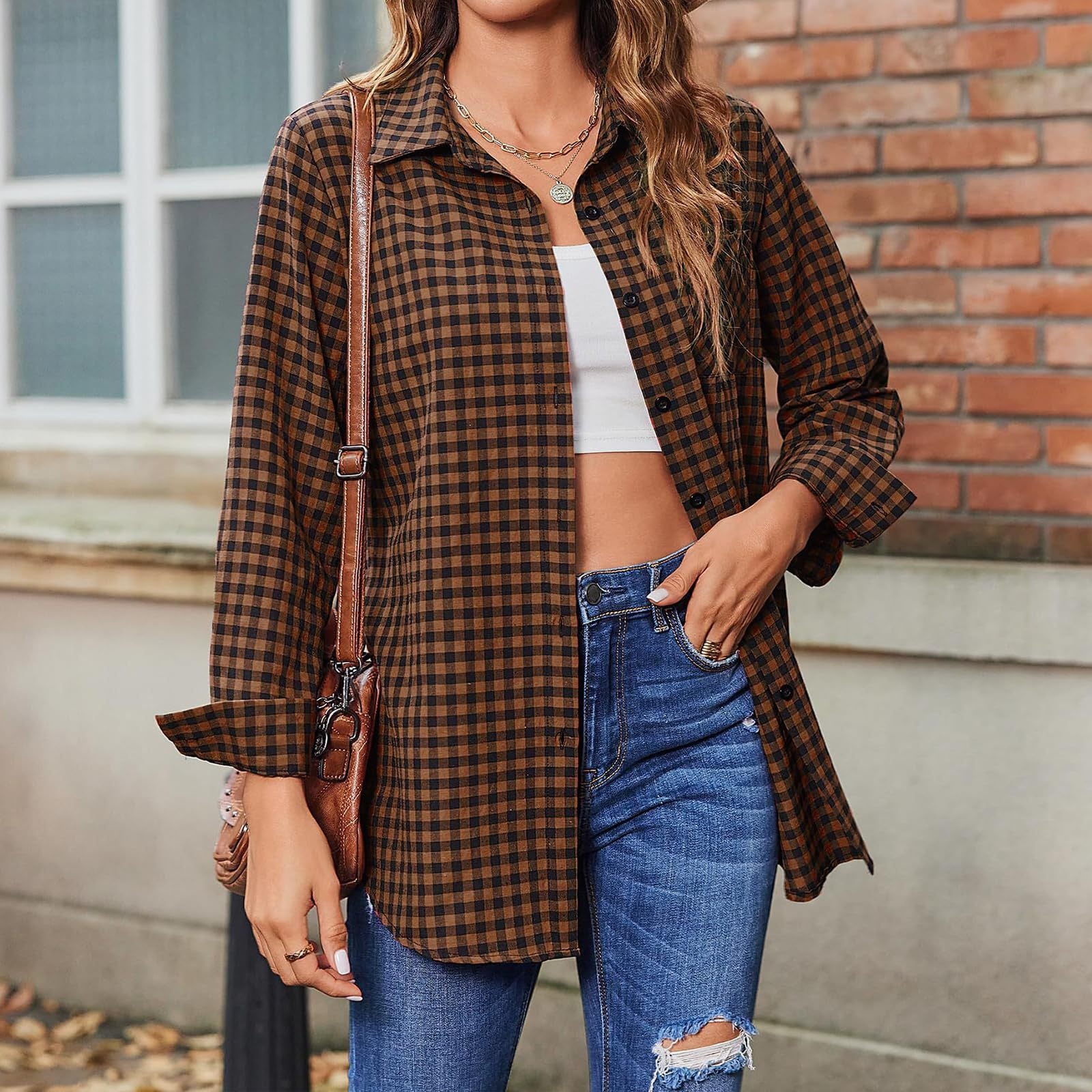 Printed Plaid Lapel Loose Long-sleeve Shirt Plaid Shirt